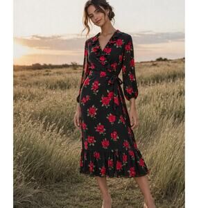 Draper James RSVP Black Floral Wrap Maxi Dress Size Small Ruffle Cottagecore